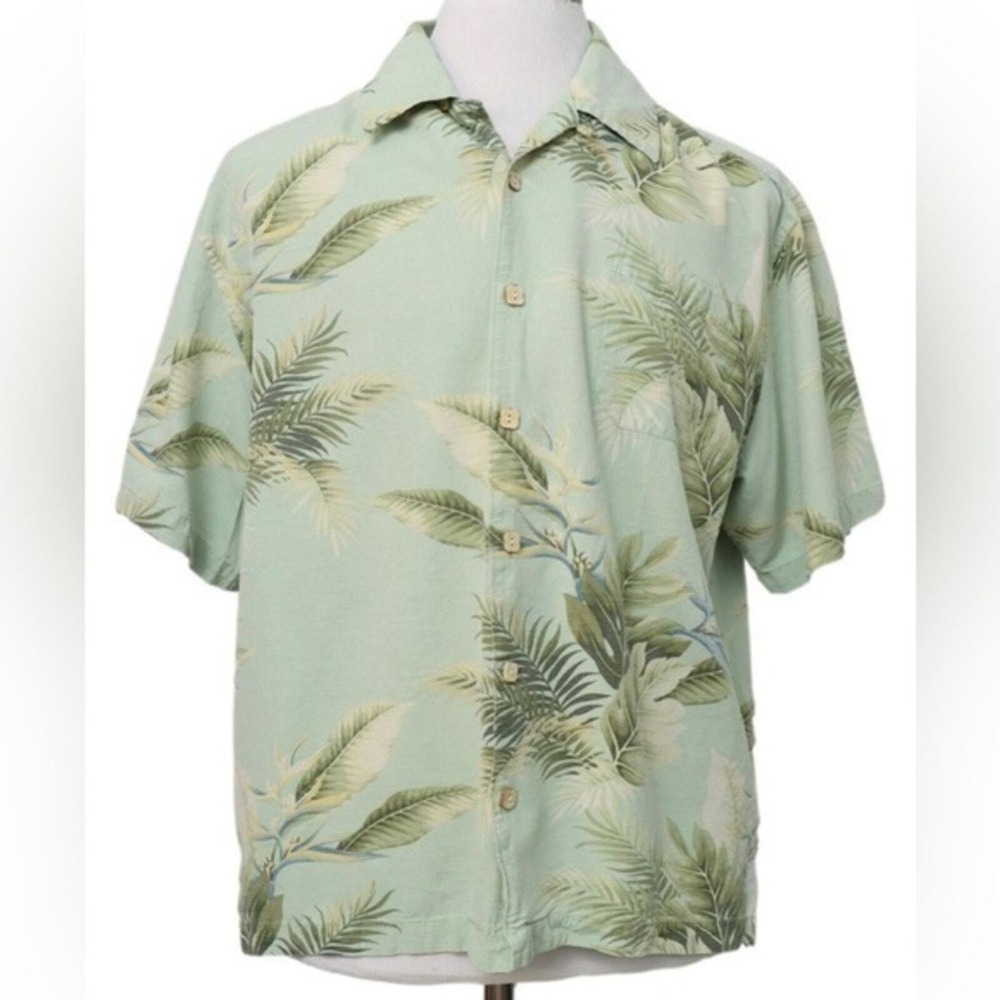 Jamaican Jaxx - Men's 100% Silk Palm Button Down -โ XL- Green & Cream